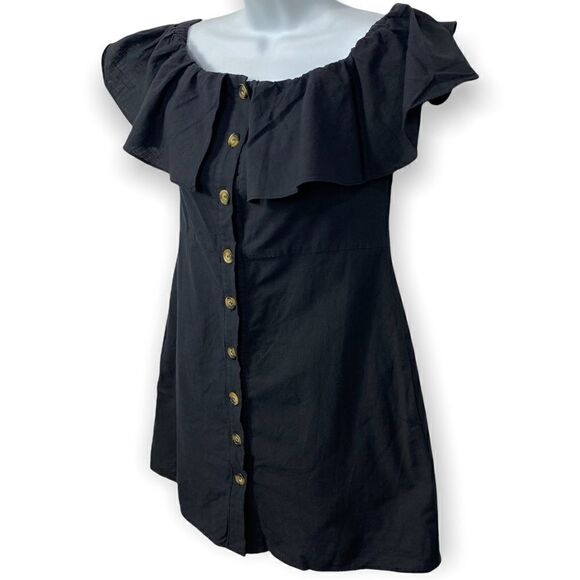 Fantastic Fawn Black Off Shoulder Button Down Dress - Picture 1 of 5